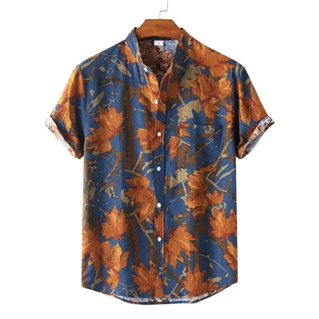 Camisa Manga Curta Azul Estampa Laranja