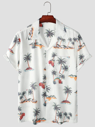 Camisa Manga Curta Branca Estampada Tropical