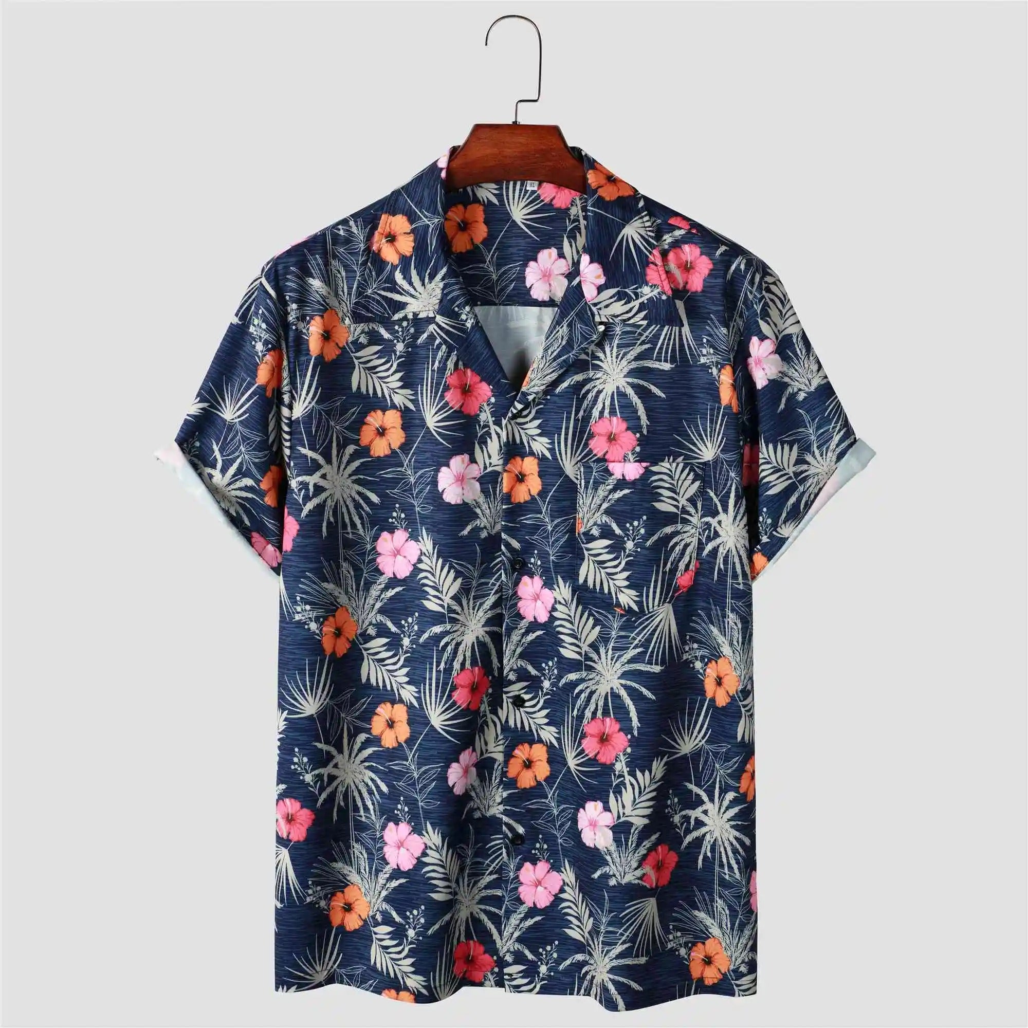 Camisa Manga Curta Estampa Azul Flores