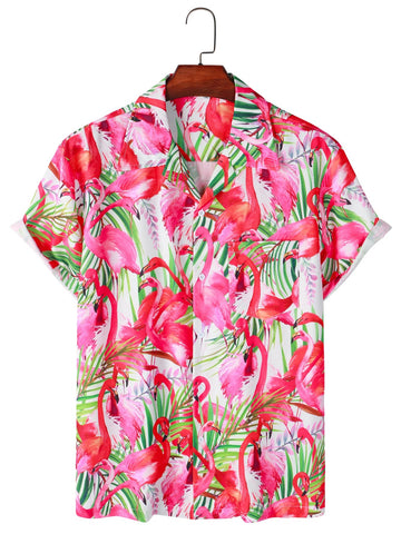 Camisa Manga Curta Branca Estampa Flamingos