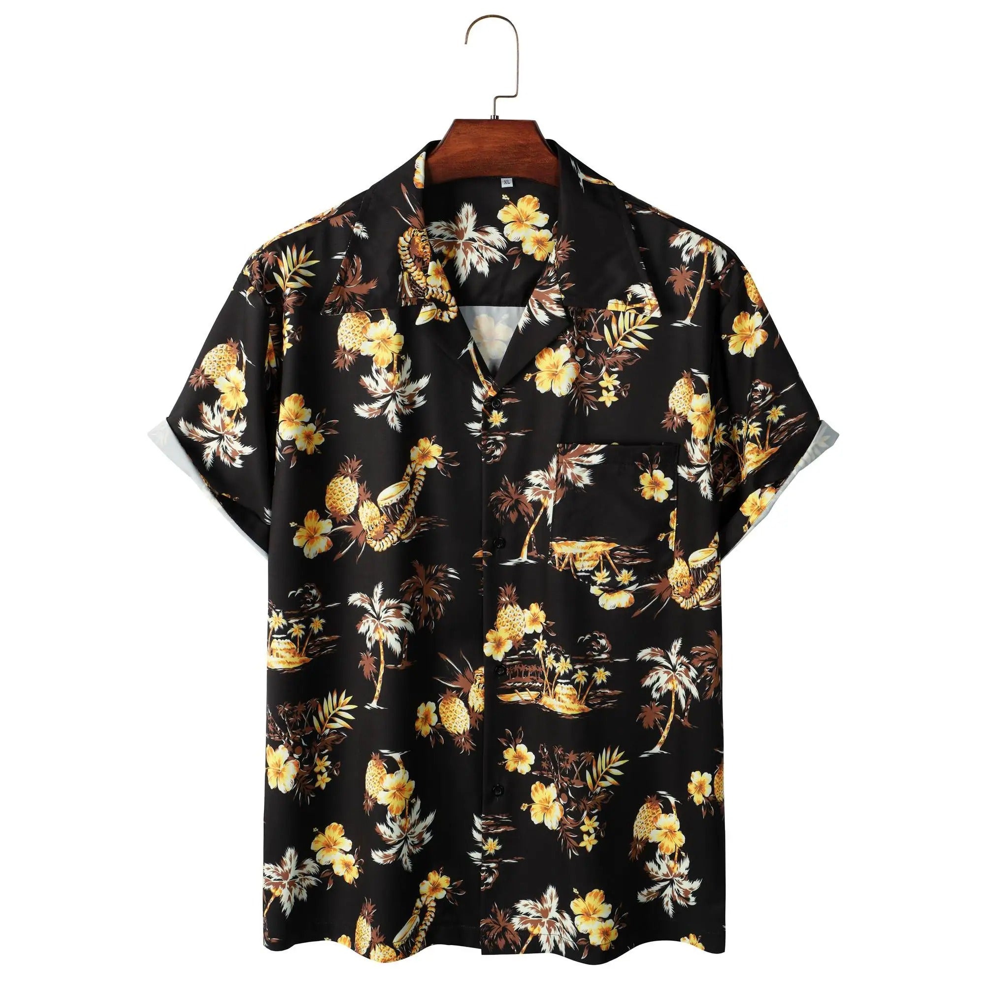 Camisa Manga Curta Preta Estampa Flores Amarelas