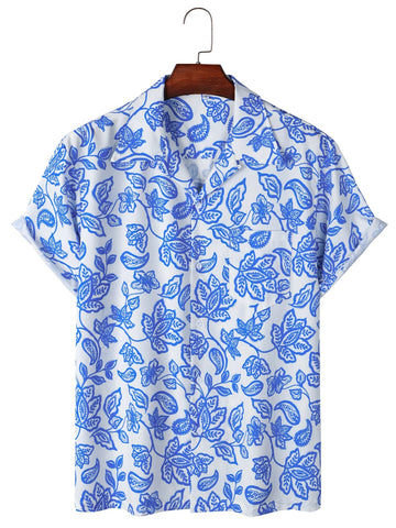 Camisa Manga Curta Branca Estampa Folhas Azul