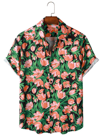 Camisa Manga Curta Preta Estampa Flores