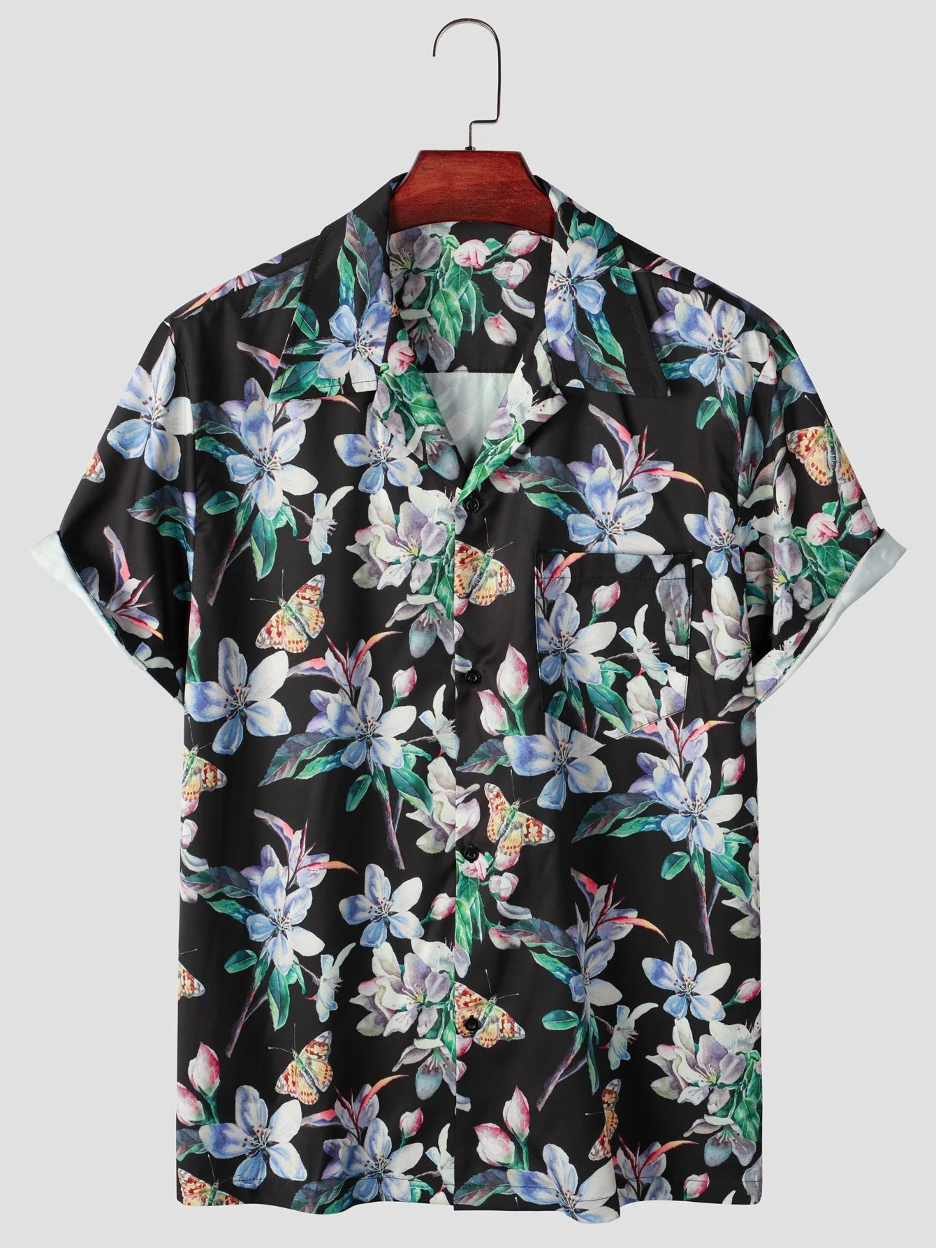 Camisa Manga Curta Preta Estampa Flores