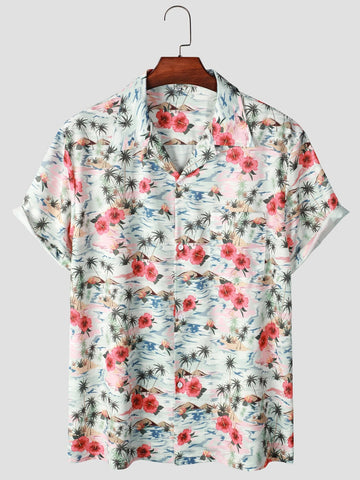 Camisa Manga Curta Branca Estampa Flores Vermelhas