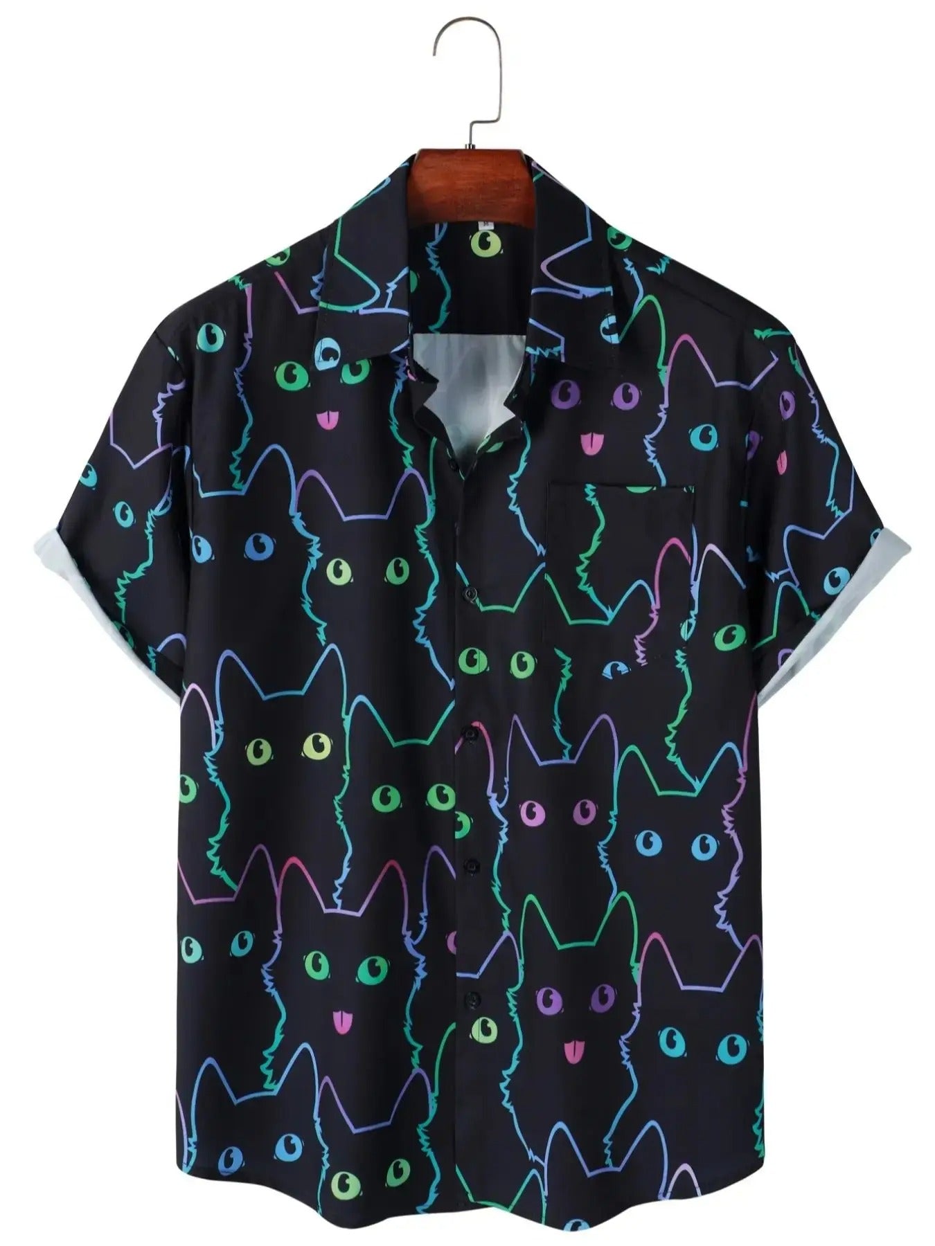 Camisa Manga Curta Estampa Gatos Neon