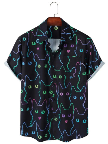 Camisa Manga Curta Estampa Gatos Neon