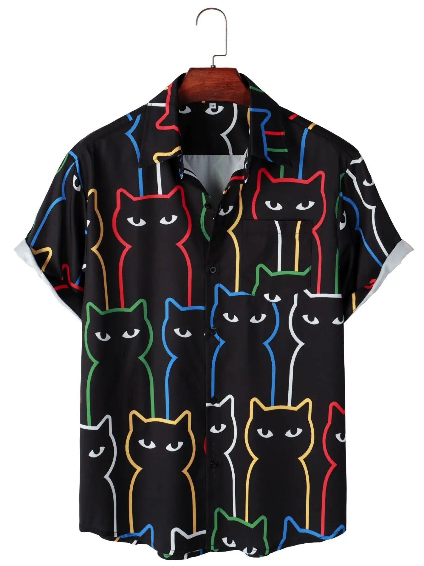 Camisa Manga Curta Preta Estampa Gatos Coloridos